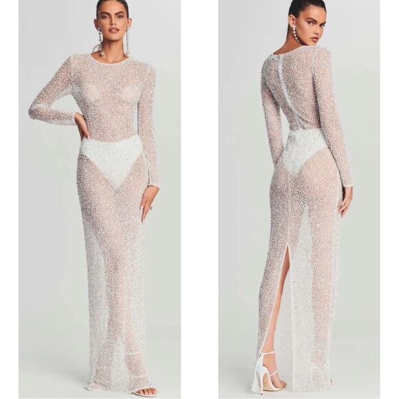 Retrofete Heidi Sequin Embellished Long Sleeve Sheer White Maxi